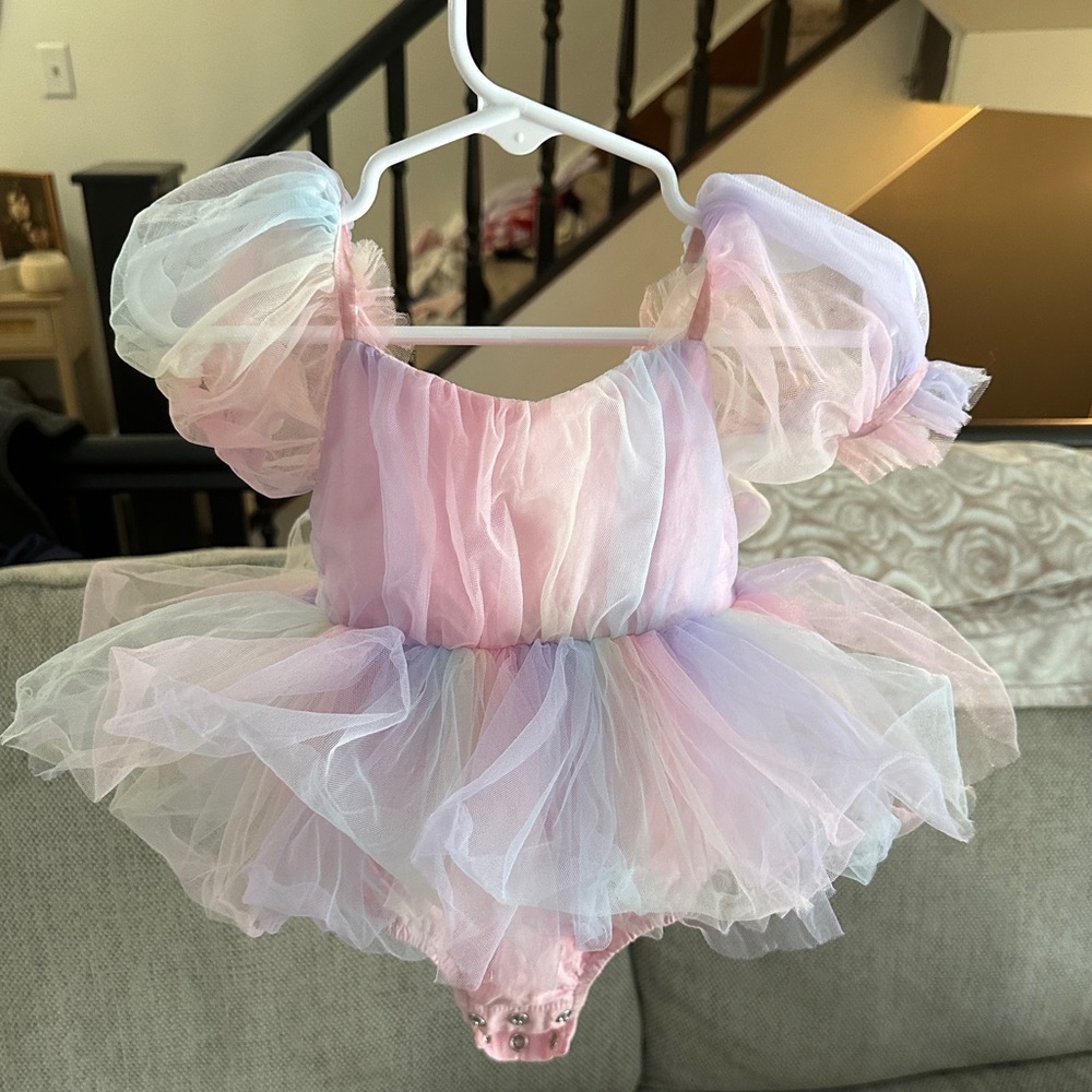 Pastel Rainbow Tulle Puff-Sleeve Kids Dress